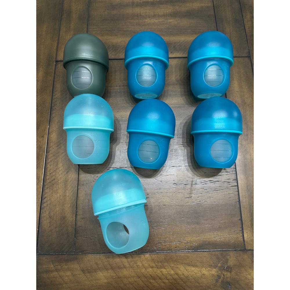 Boon NURSH Silicone Pouch Baby Bottles 4oz Blue Green Set of 7 Air-Free Feeding